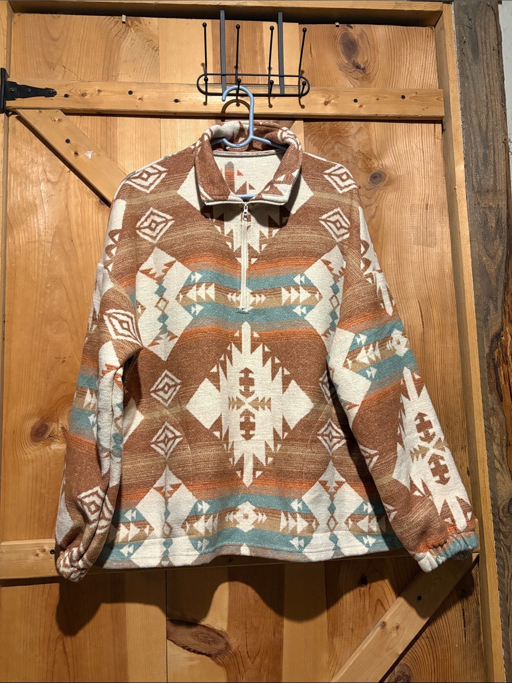 Aztec-Inspired Teddy Half-Zip Jacket in Brown & Cream